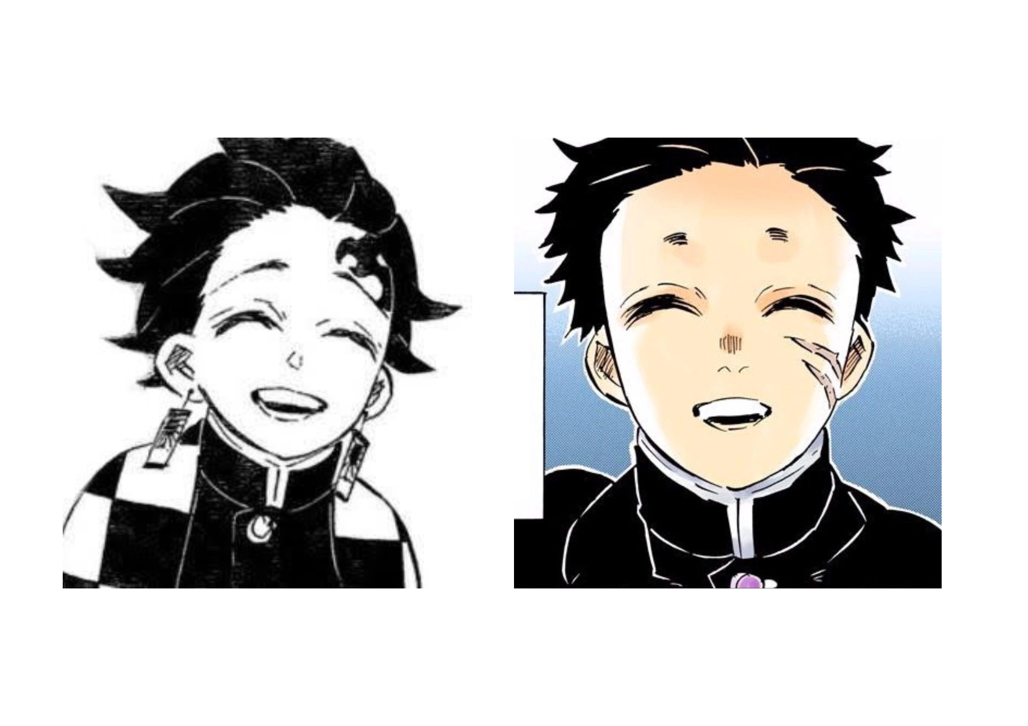 Two manga panels screenshots that depict Kamado Tanjiro (left) and Kumeno Masachika (right)
